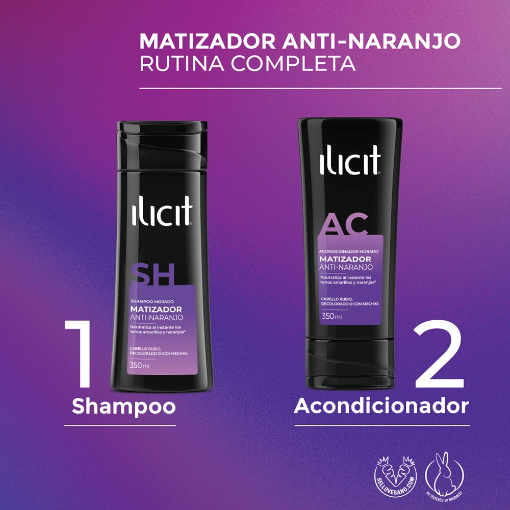 Matizador anti-naranjo rutina completa: 1. Shampoo Ilicit, 2. Acondicionador