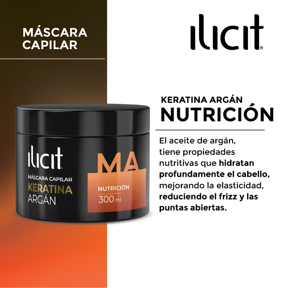 Envase de la máscara hidrante capilar acompañada de un texto con las propiedades del Argan