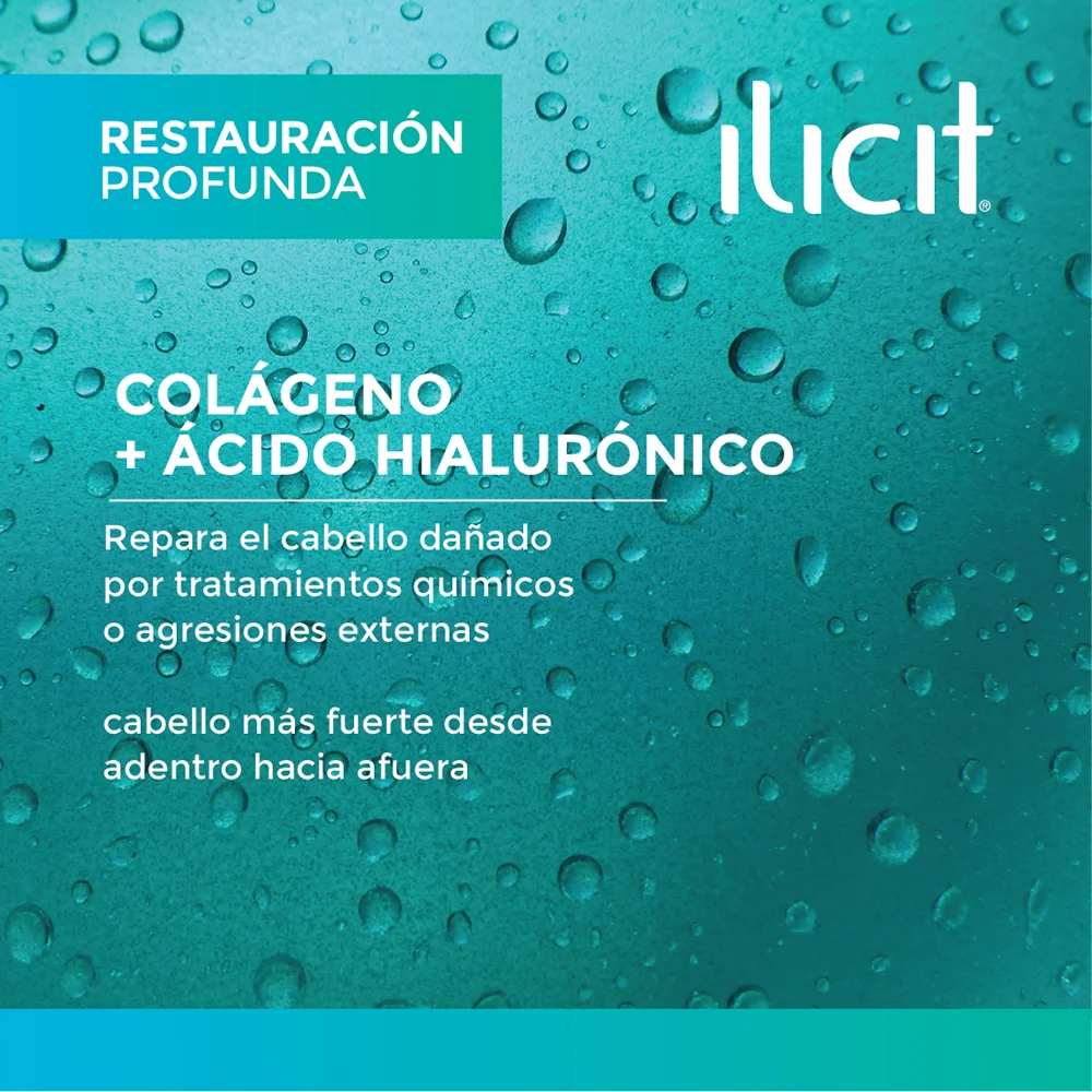 Colágeno+ ácido hialurónico. Repara el cabello dañado por tratamientos químicos o agresiones externas cabello más fuerte desde adentro hacia afuera.