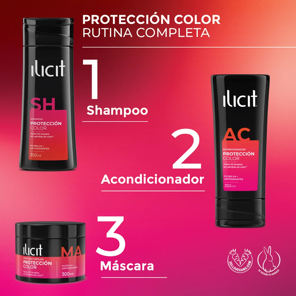 Se muestran los envases de Protección Color: Shampoo, acondicionador y máscara.