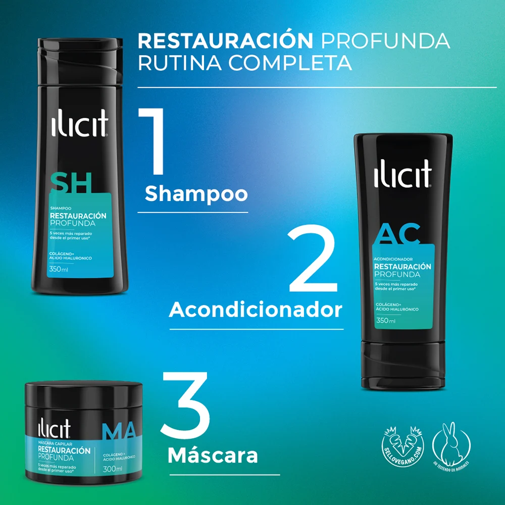 Restauración Profunda rutina completa: 1. Shampoo Ilicit, 2. Acondicionador, 3. Máscara