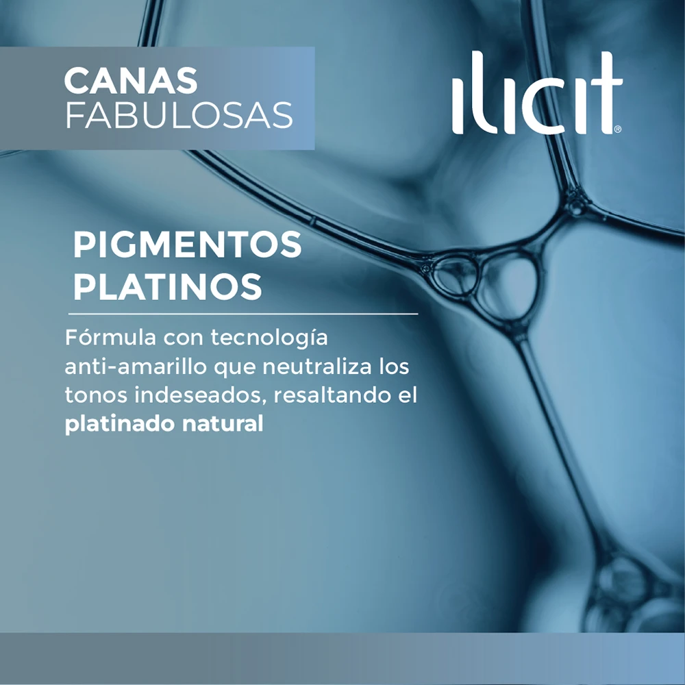Pigmentos platinos. Fórmula con tecnología anti-amarillo que neutraliza los tonos indeseados, resaltando el platinado natural.