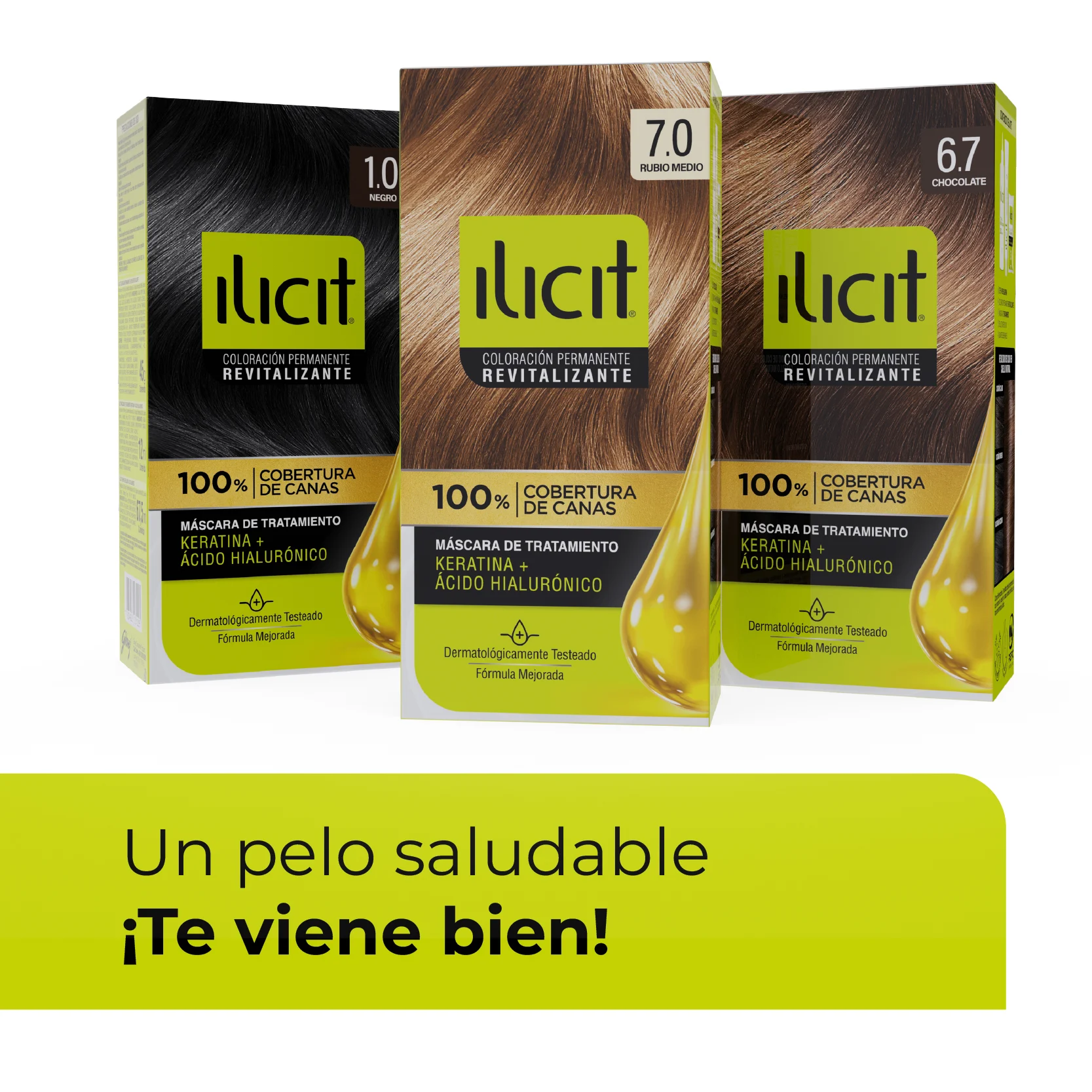 Envases de tinturas de pelo Ilicit acompañados de la frase 